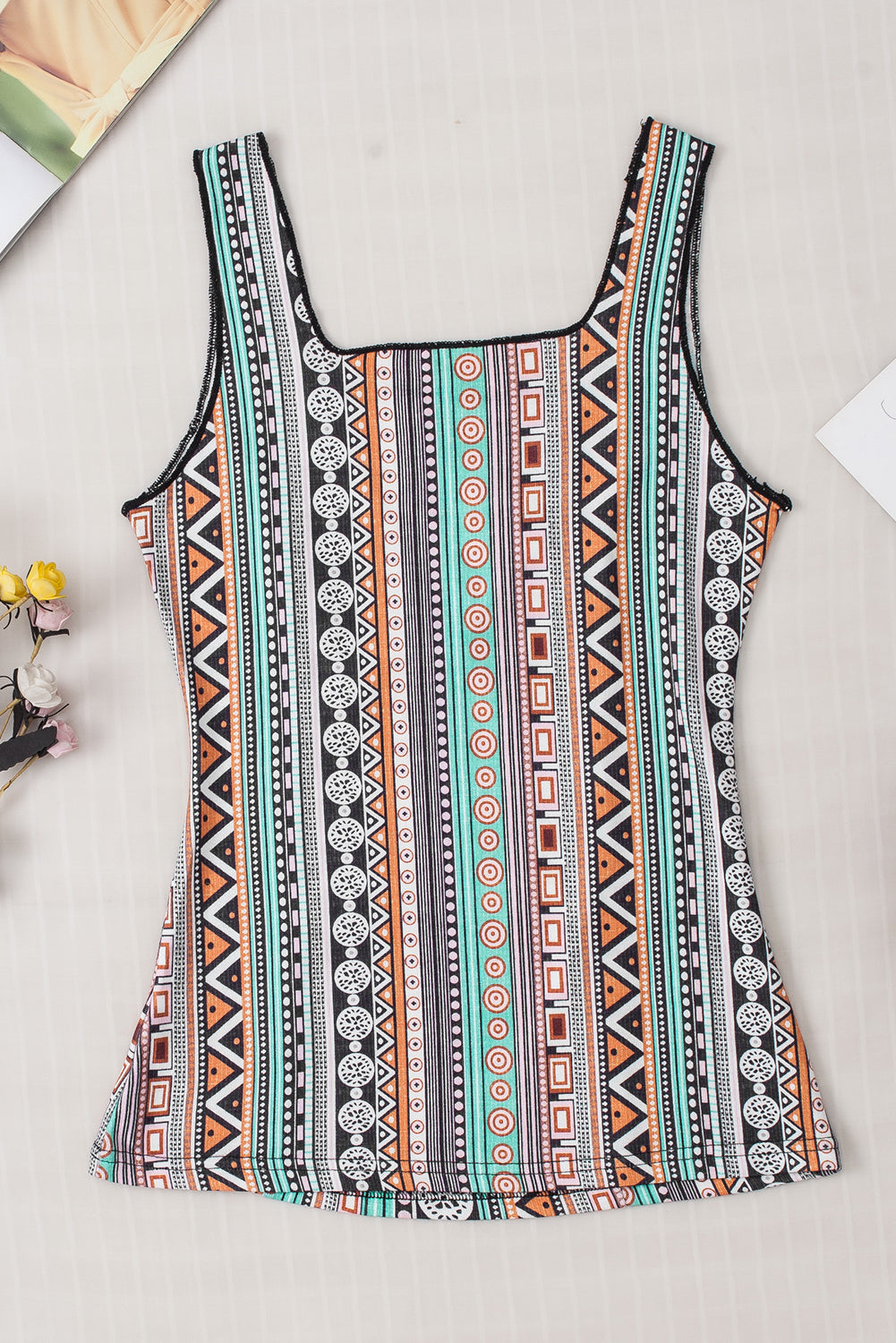 Brown and Turquoise Western Geo Printed Square Neck Tank Top
