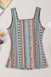 Brown and Turquoise Western Geo Printed Square Neck Tank Top