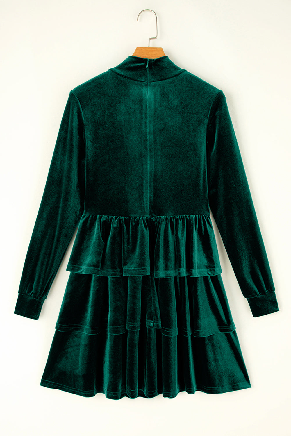 Emerald Velour Mock Neck Tiered Ruffle Mini Dress