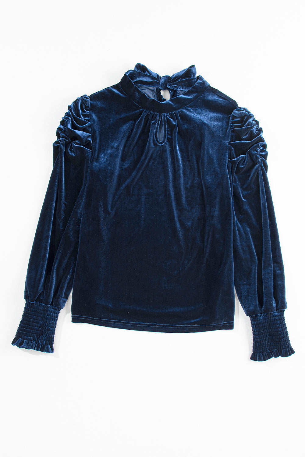 Navy Tie Back Neck Ruffled Sleeve Velour Blouse