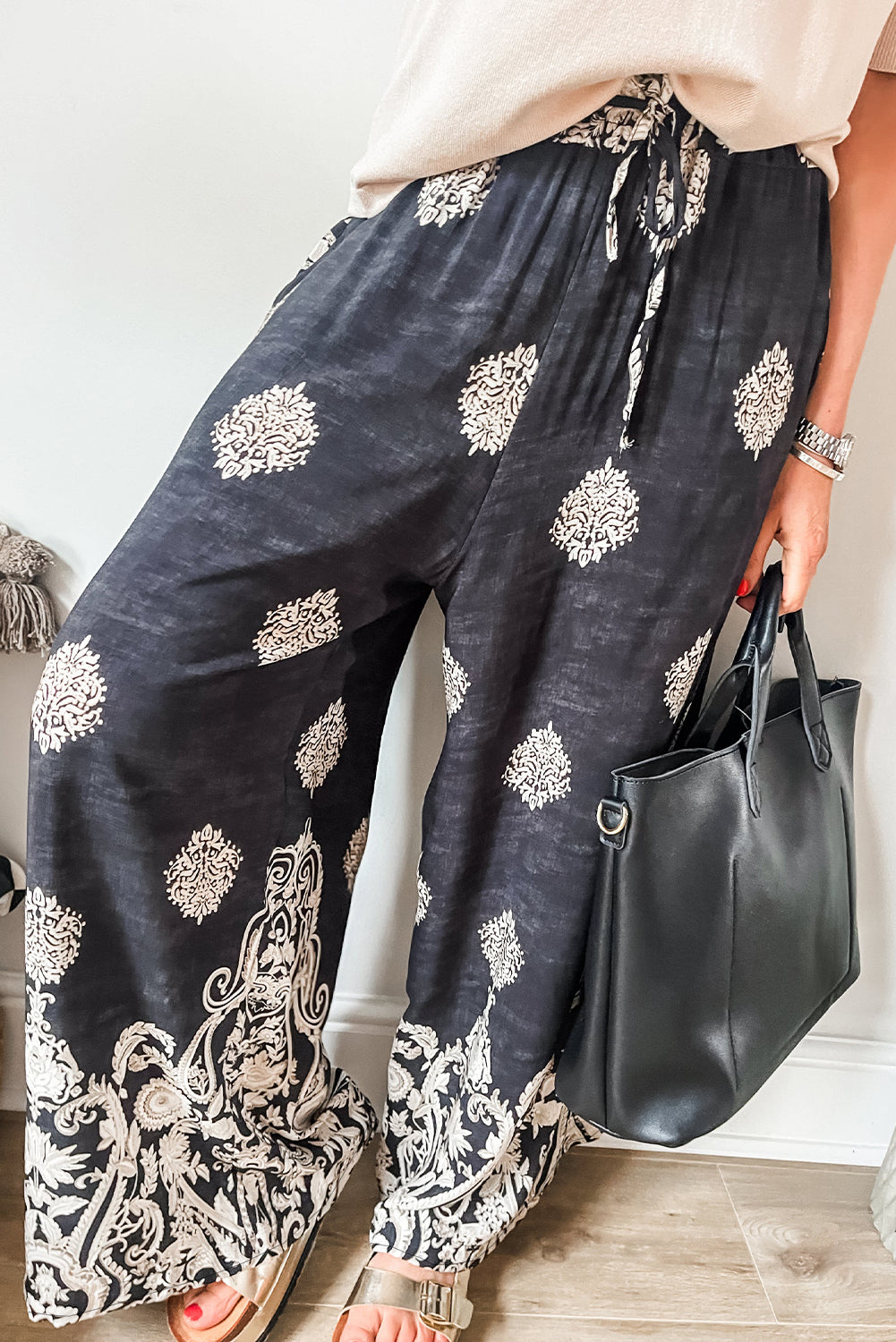 Black Bohemian Print Drawstring Waist Wide Leg Pants w/Pockets