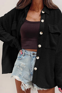 Black Corduroy Button Down Long Sleeve Oversized Shacket