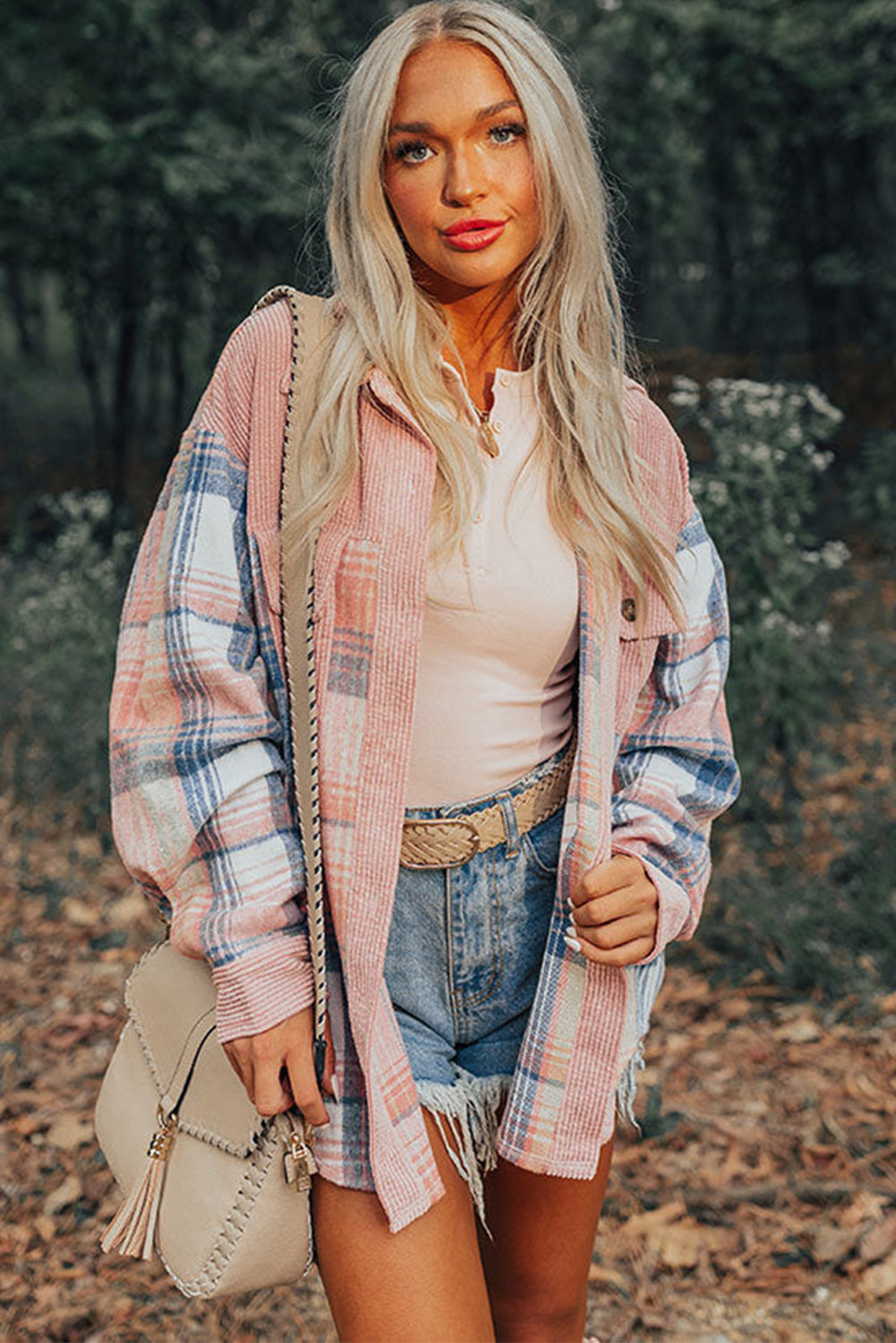 Light Pink & Blue Plaid Corduroy Color-block Chest Pockets Heavyweight Button-down Shirt