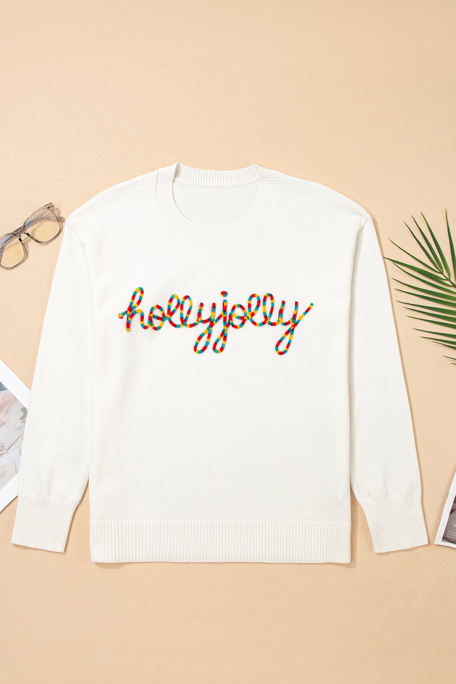 White Colorful Holly Jolly Embossed Lettering Christmas Sweater