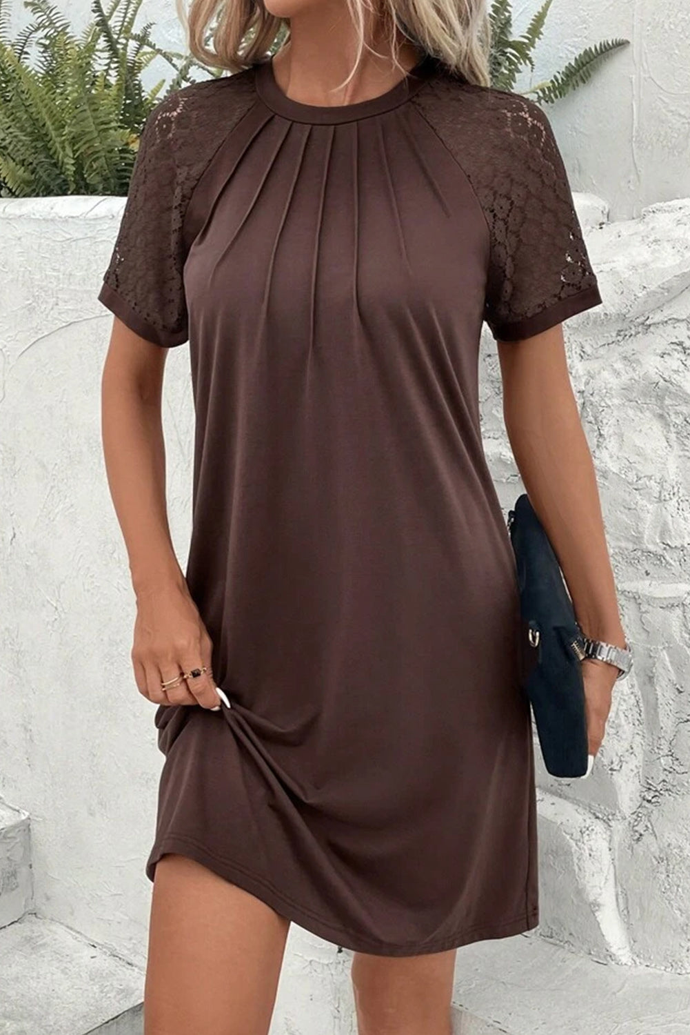 Contrast Lace Raglan Sleeve Pleated Detail Shift Dress