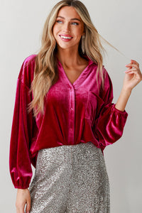 Dark Pink V-Neck Button-Up Long-sleeve Velour Shirt