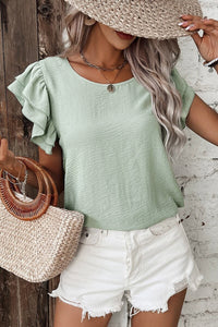 Sage Ruffled Cap Sleeve Textured Blouse