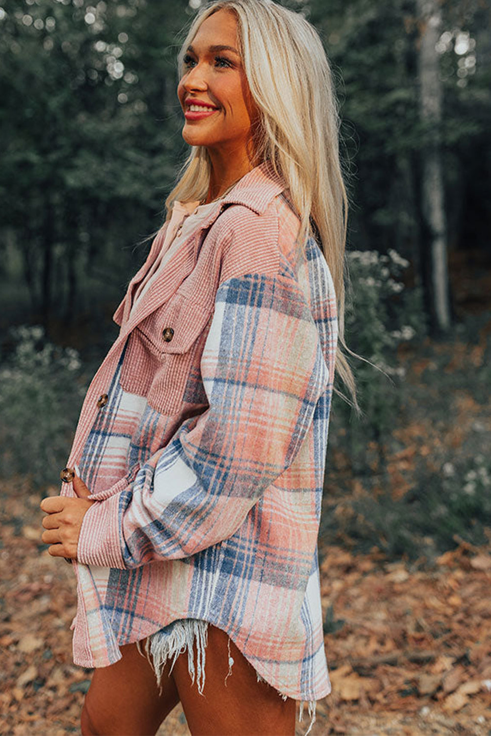 Light Pink & Blue Plaid Corduroy Color-block Chest Pockets Heavyweight Button-down Shirt