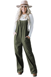 Forest Green Khaki or Black Solid Pocketed Loose Fit Corduroy Overalls