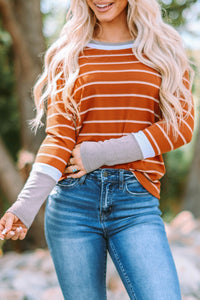 Rust Striped Color Block Long Sleeve  Rib Knit Shirt