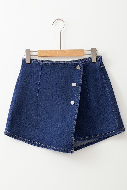 Dark Wash Asymmetrical Wrap-over Front Buttoned Denim Shorts