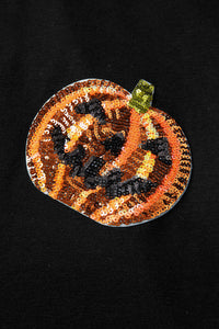 Women’s Black Pumpkin Jack-o-lantern Sequined Halloween Cuffed Tee