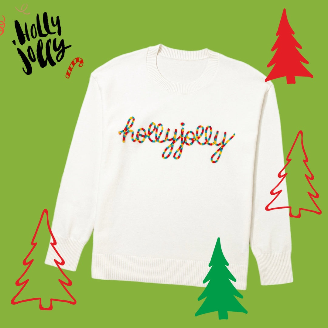 White Colorful Holly Jolly Embossed Lettering Christmas Sweater