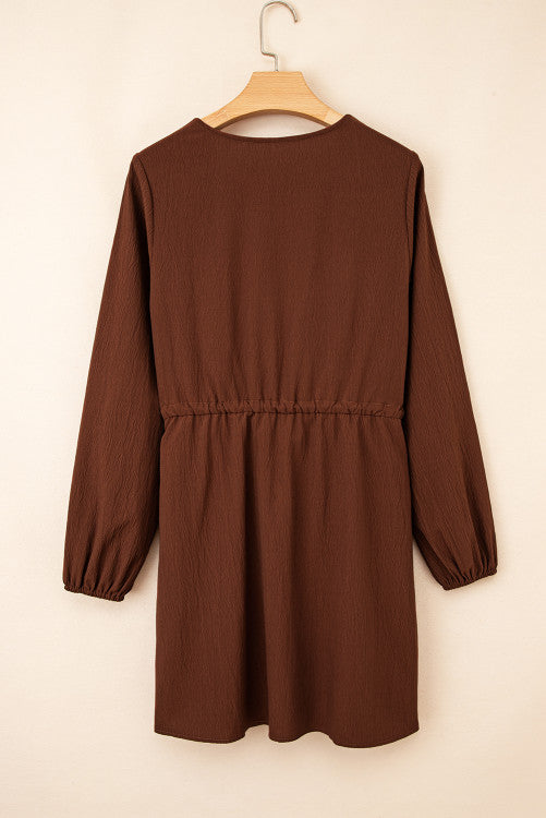 Brown Rust Floral Embroidered Tassel Tie Waist Long Sleeve Mini Dress