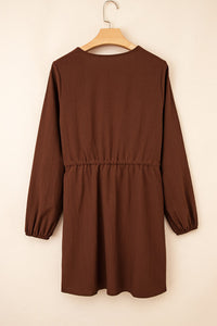 Brown Rust Floral Embroidered Tassel Tie Waist Long Sleeve Mini Dress