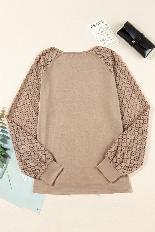 Lace Raglan Long Sleeve Pleated Flowy Knit Top