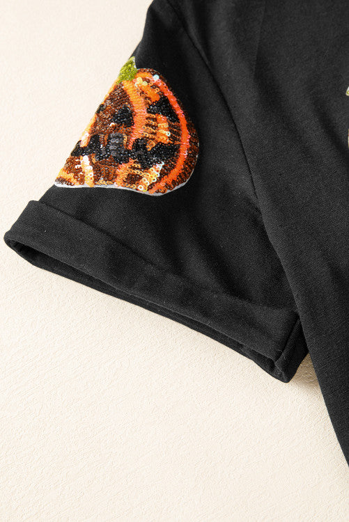 Women’s Black Pumpkin Jack-o-lantern Sequined Halloween Cuffed Tee