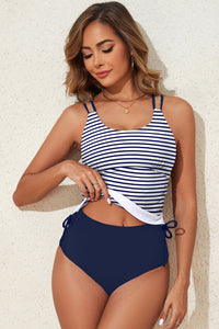 Blue Stripe Drawstring Tankini 2-Piece Swimsuit