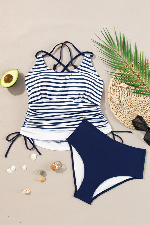 Blue Stripe Drawstring Tankini 2-Piece Swimsuit