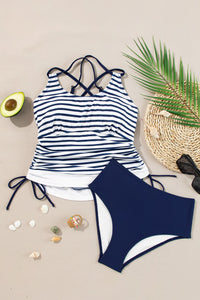 Blue Stripe Drawstring Tankini 2-Piece Swimsuit