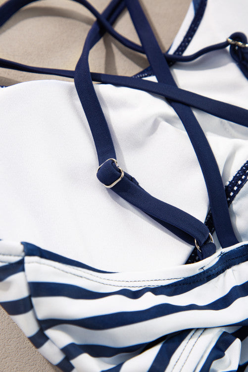 Blue Stripe Drawstring Tankini 2-Piece Swimsuit