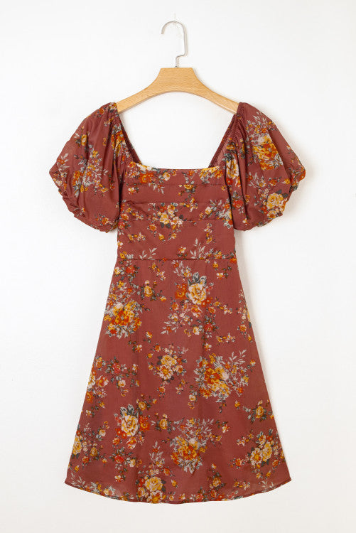 Rust Floral Puff Sleeve Square Neck Knot Open Back Mini Dress