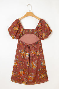 Rust Floral Puff Sleeve Square Neck Knot Open Back Mini Dress