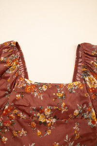 Rust Floral Puff Sleeve Square Neck Knot Open Back Mini Dress