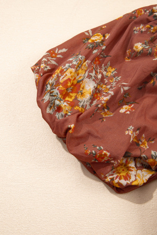Rust Floral Puff Sleeve Square Neck Knot Open Back Mini Dress