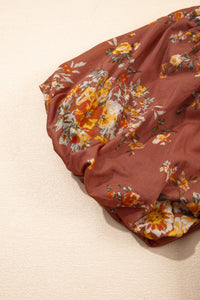Rust Floral Puff Sleeve Square Neck Knot Open Back Mini Dress