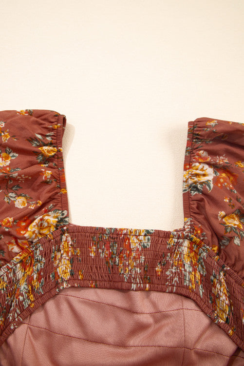 Rust Floral Puff Sleeve Square Neck Knot Open Back Mini Dress