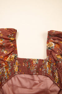 Rust Floral Puff Sleeve Square Neck Knot Open Back Mini Dress