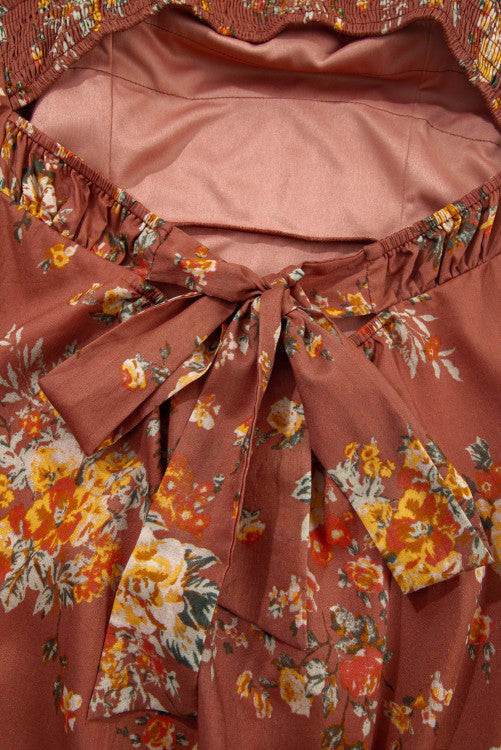 Rust Floral Puff Sleeve Square Neck Knot Open Back Mini Dress