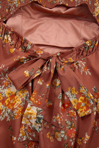 Rust Floral Puff Sleeve Square Neck Knot Open Back Mini Dress