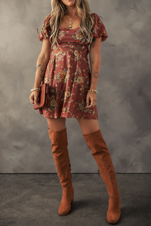Rust Floral Puff Sleeve Square Neck Knot Open Back Mini Dress