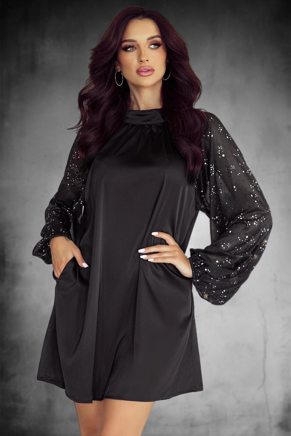 Black Glittering Mesh Sleeve Mock Neck Mini Dress