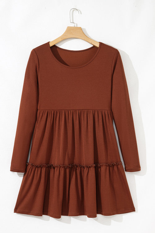 Brown Rust Ribbed Scoop Neck Empire Waist Long Sleeve Mini Dress