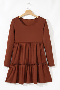 Brown Rust Ribbed Scoop Neck Empire Waist Long Sleeve Mini Dress