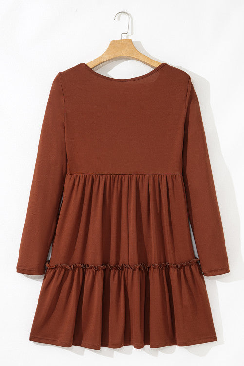 Brown Rust Ribbed Scoop Neck Empire Waist Long Sleeve Mini Dress