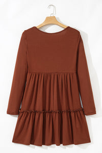Brown Rust Ribbed Scoop Neck Empire Waist Long Sleeve Mini Dress