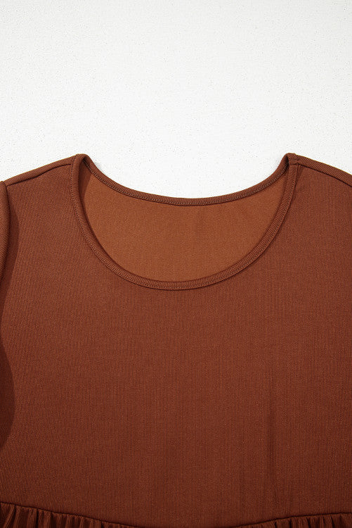 Brown Rust Ribbed Scoop Neck Empire Waist Long Sleeve Mini Dress