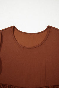 Brown Rust Ribbed Scoop Neck Empire Waist Long Sleeve Mini Dress