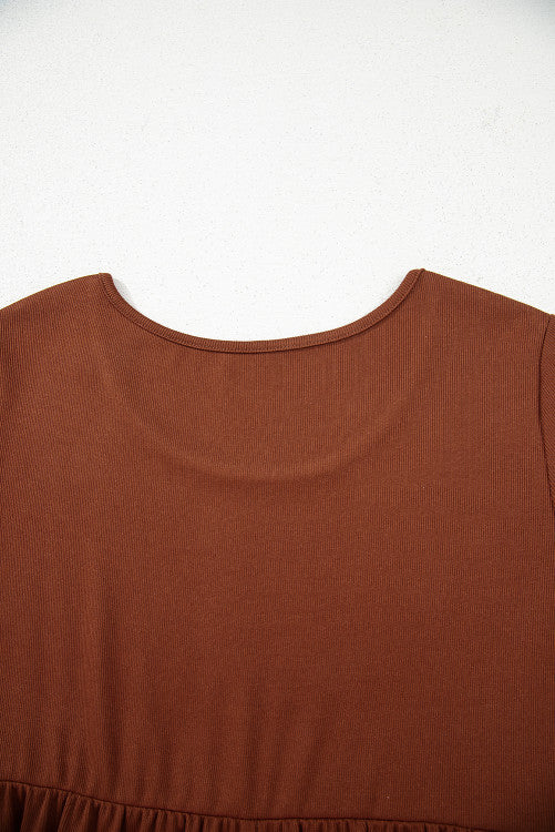 Brown Rust Ribbed Scoop Neck Empire Waist Long Sleeve Mini Dress