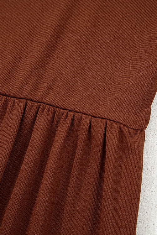 Brown Rust Ribbed Scoop Neck Empire Waist Long Sleeve Mini Dress