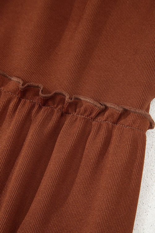 Brown Rust Ribbed Scoop Neck Empire Waist Long Sleeve Mini Dress
