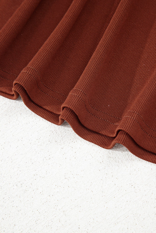 Brown Rust Ribbed Scoop Neck Empire Waist Long Sleeve Mini Dress