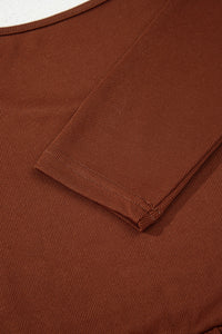 Brown Rust Ribbed Scoop Neck Empire Waist Long Sleeve Mini Dress