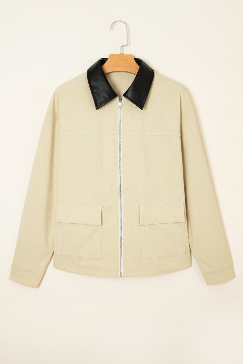 Light Beige Faux Black Leather Collar Zip Up Corduroy Jacket