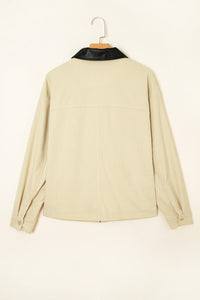Light Beige Faux Black Leather Collar Zip Up Corduroy Jacket