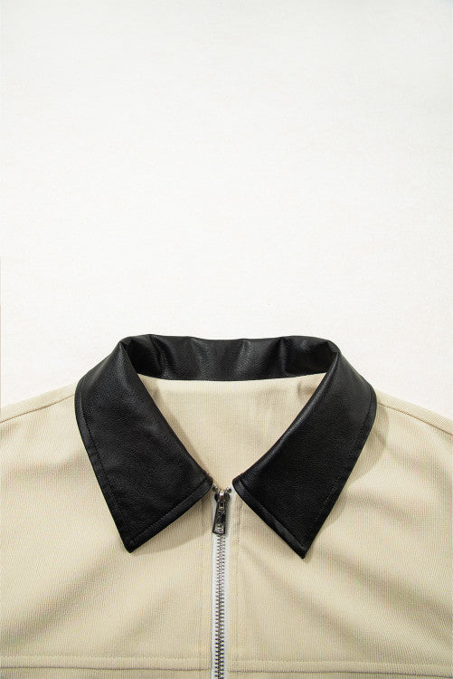 Light Beige Faux Black Leather Collar Zip Up Corduroy Jacket